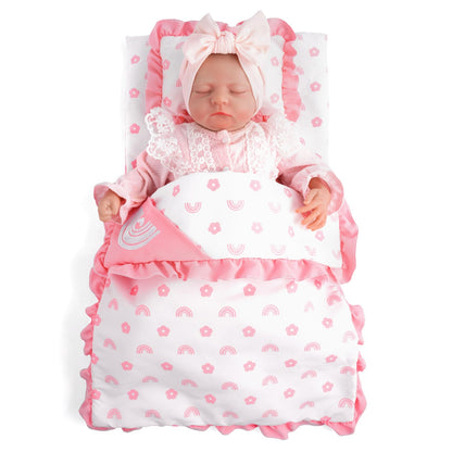 BABESIDE 4 Pcs Baby Doll Bedding Set for 17-22 Inch Babydolls, Babydoll Bed Accessories Dolls Blankets with Pillows for Reborn Baby Doll Accessories, Pink Flower & Rainbow Patterns