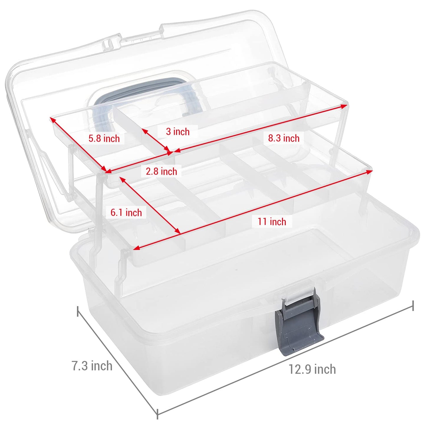 MyGift 13 Inch Transparent Plastic Empty Multipurpose Storage Box with Gray Handle, Latching Lid and 2 Expandable Trays for Tools, First Aid, Sewing Kit, Arts Crafts Supplies