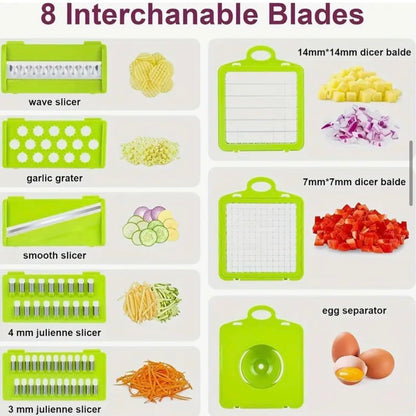 14 in 1 Vegetable Chopper Dicer with Container, Mandoline Slicer, Cheese Grater, Cabbage Shredder, French Fry Cutter, Stainless Steel Manual Hand Kitchen Gadget for Onion Potato Fruit