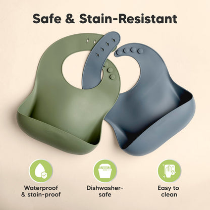 KeaBabies 2-Pack Silicone Baby Bibs for Eating - Sturdy Food-Grade Silicone Bibs for Babies Girl, Boy, Large Food Catcher, Clean & Put On Easily, Waterproof Toddler Feeding Essentials (Slate)