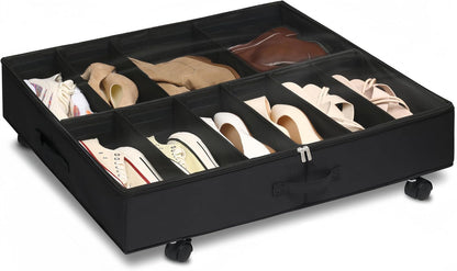 Under Bed Shoe Storage Organizer with Wheels (Black) - Dustproof Storage with 10 Adjustable Dividers, 7.9 in Tall