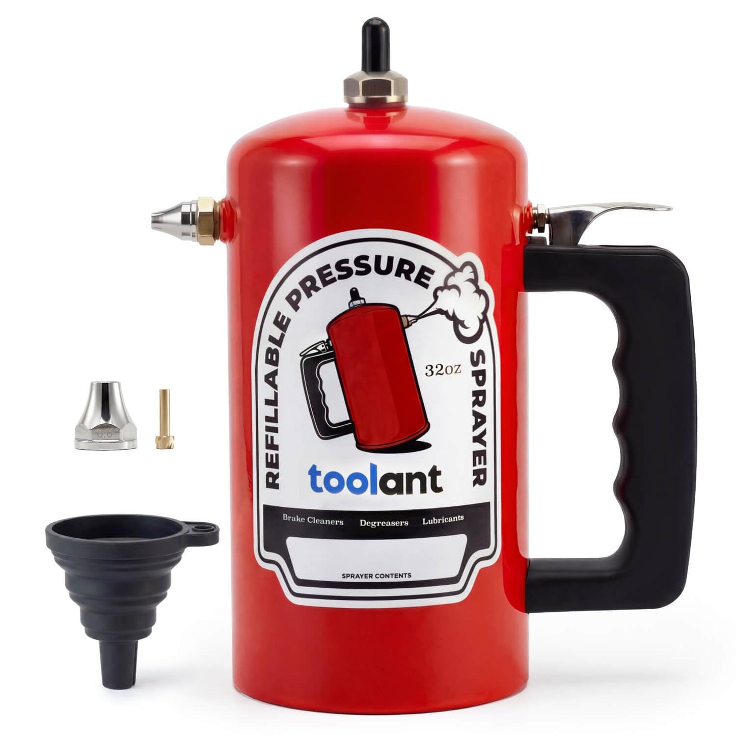 toolant 32oz Refillable Pressurized Sprayer, Steel Canister, Rust-Resistant Lining, Needle Valve Leak-Resistant, Dual Nozzles 1.0/0.6mm, Funnel Included, 200 PSI Max, for Brake Cleaner & Solvents, Red