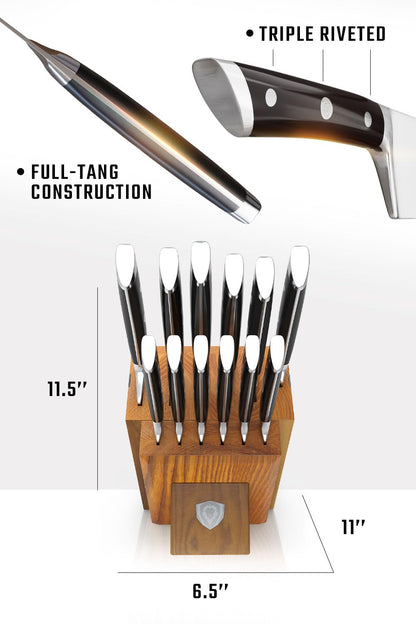 Dalstrong 12-Piece Elite Knife Block Set — German High-Carbon Steel, Full-Tang, Hand-Polished — Chef + Santoku + Nakiri + Boning + Fillet + 6 Steak — Gladiator Series Manchurian Ash Block, NSF