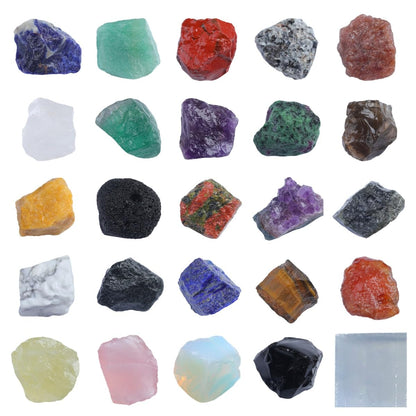 HEMYLU Rock Collection for Kids, 25PCS Crystal Gem Mineral Collection Set Box Gift for Boys and Girls, Natural Gemstone with Learning Guide Education Set