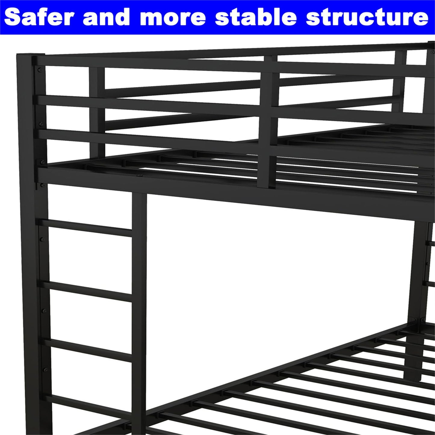 LEEKOUS Upgraded Version Heavy Duty Metal Full XL Over Queen Bunk Bed, Thicken Stronger Steel Full Over Queen Bunk Bed, Queen Size Bunkbed Frame for Adults, Easy Assembly, Black (Full XL Over Queen)