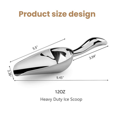 12 Oz 304 Stainless Steel Ice Scoop for Freezer & Ice Machine – Heavy Duty Metal Scooper, Dishwasher Safe, Multi-Purpose for Kitchen, Bar, Party, Wedding (Ice, Flour, Dry Goods)