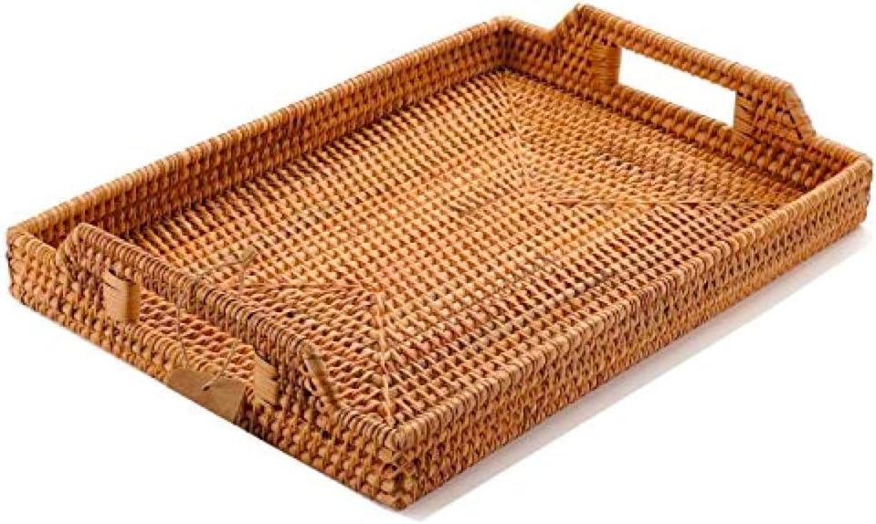 14.5" Small Hand-Woven Rattan Serving Tray with Handles Rectangular Snack Tray for Coffee Table, Fruit, Drinks, Decor