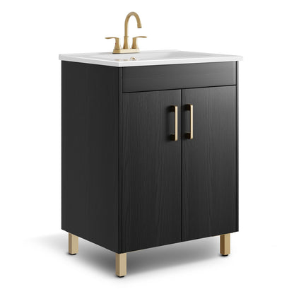 phiestina 24 Inch Fully Pre-Assembled Black Bathroom Vanity with Single Ceramic Countertop Sink Combo, 2 Soft Close Doors Bathroom Cabinet Set, Faucet Not Included, BV01-BLACK-JH