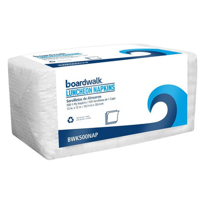 Boardwalk 1-Ply White Disposable Napkins, 6 Packs of 500, 3000 Total, 12" x 12, Quarter-Folded, Absorbent Textured Paper, Made in the USA