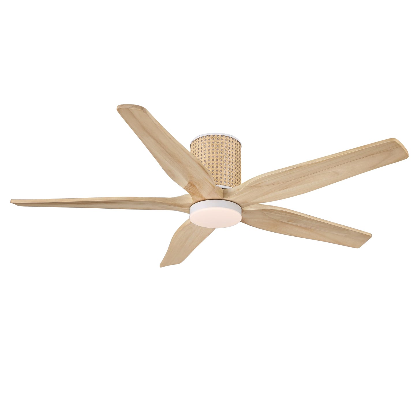 LEDLUX 54" Ceiling Fan with Light - Low Profile Flush Mount Ceiling Fan, 6-Speed Remote Control, Solid Wood, Quiet Reversible DC Motor, Wood/White Finish, for Bedroom, Living Room, Porch