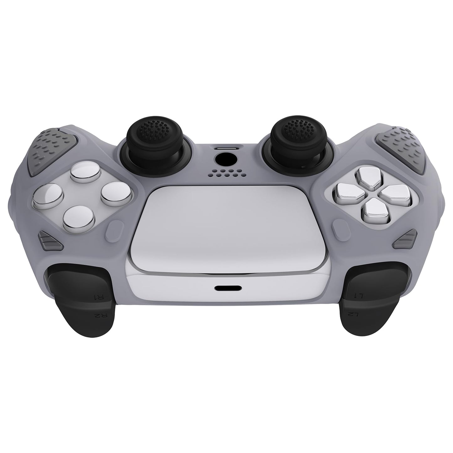 PlayVital Knight Edition Metallic Gray & Dark Gray Two Tone Anti-Slip Silicone Cover Skin for ps5 Controller, Soft Rubber Case for ps5 Wireless Controller with Thumb Grip Caps
