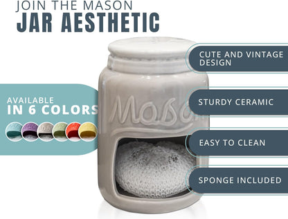 Comfify Ceramic Kitchen Sponge Holder, Farmhouse Style Sink Caddy, Mason Jar Decorative Accessory - Includes Free