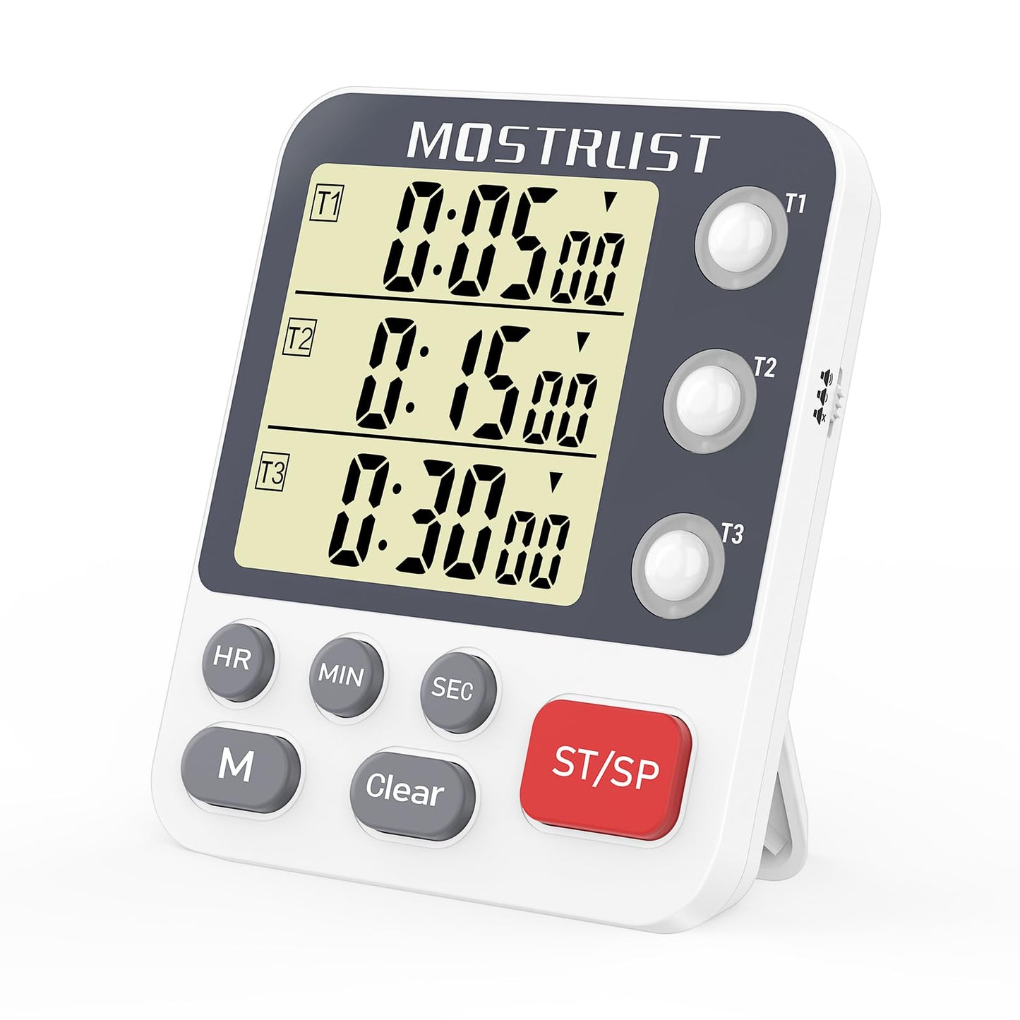 MOSTRUST Digital Dual Kitchen Timer, 3 Channels Countdown Triple Timer for Cooking, Magnetic Memory-Preset Large Display Adjustable Alarm Volume, Multi Times Management, 3A Battery Included, White