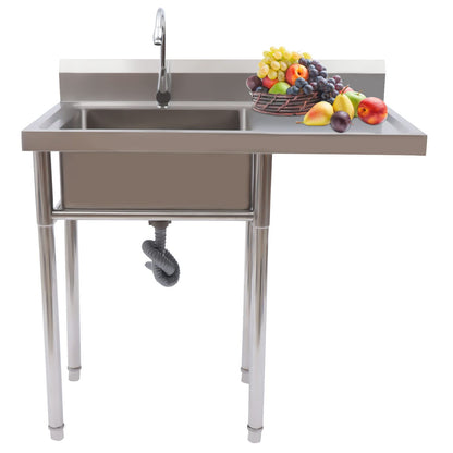 Free Standing Single Bowl Sink,Commercial Restaurant Kitchen Sink Set w/Faucet&Drainboard,1 Compartment Utility Washing Hand Basin w/Workbench&Storage Shelves for Indoor Outdoor (One Bowl)