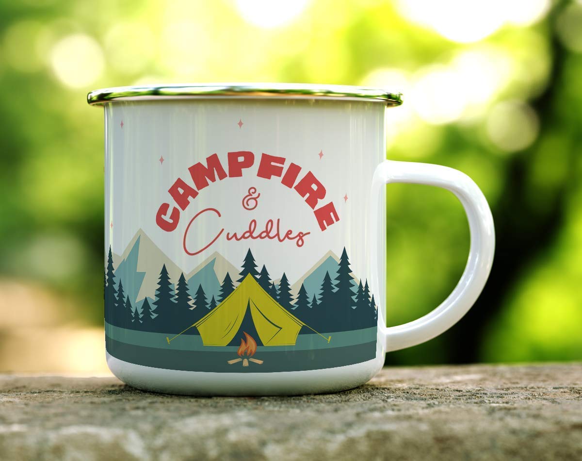 Campfire and Cuddles Enamel Camp Mug, Outdoor Camping Coffee Cup, Mountain Nature Hiking Gift (12oz)