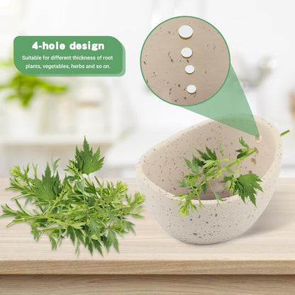 Pottery Herb Stripper Bowl, Handmade Herb Stripper Ceramic Bowl with 4-Slot Different Hole Sizes for Kale, Herbs & Broccoli, Efficient Peeling Off the Leafy Assembly(White)