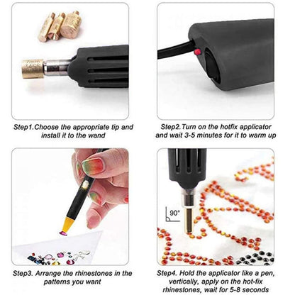 Hotfix Rhinestone Applicator, 7 in 1 Professional Iron-on DIY Hot Fix Tool Rhinestone Setter Applicator Wand Crystal Gem Tool Kit with 7 Different Sizes Tips, Support Stand (Black)