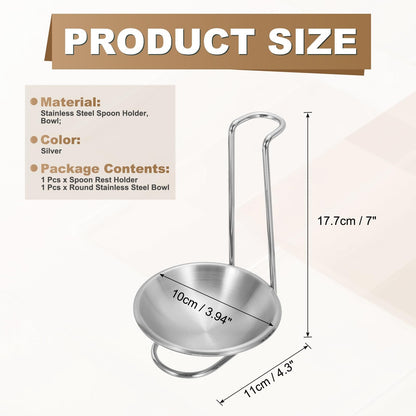 uxcell Spoon Rest Holder, 4.3x4.3x7 Inch Stainless Steel Upright Ladle Rack Set with Round Stainless Steel Bowl, Portable Upright Spoons Rest for Home Kitchen Restaurant Counter, Silver