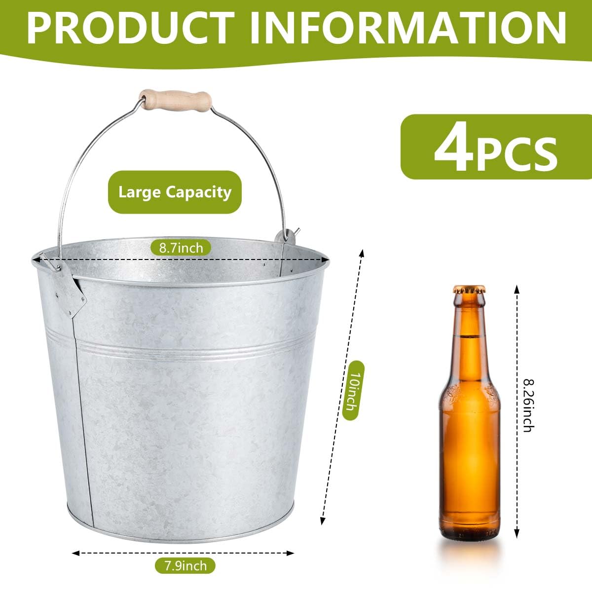 OBTANIM 4 Pack 8 Quart Galvanized Metal Buckets Champagne Drink Cooler Storage Ice Pails with Handle for Plants, Succulents, Party Favors Organizing Home Parties Bar Cooling Supplies