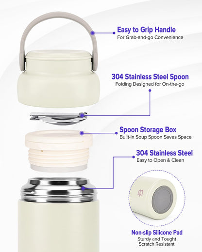 TSAKBAM Thermo Food Jar, 20OZ Stainless Steel Vacuum Insulated Lunch Containers with Spoon, Wide Mouth Thermo for Hot Food for Adults (Gray)