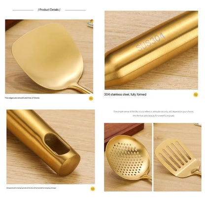 Premium 7-Piece Gold Kitchen Utensil Set with Stand, Stainless Steel Cooking Tools- Dishwasher Safe Ladle, Spoon, Spatula, Pasta Fork, Luxury Brass Kitchen Accessories for Home Chefs (Gold)