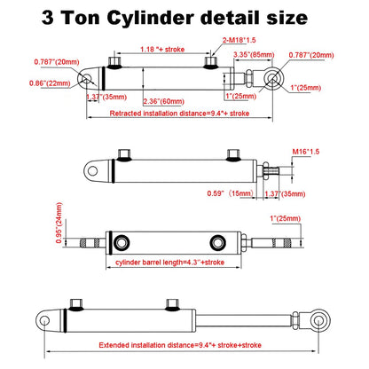 RHKING 2x8 Hydraulic Cylinder 3 Ton Double Acting Welded Hydraulic Cylinder 2" Bore x 8" Stroke with 3/8" JIC 37°(9/16"-18 Thread) Hydraulic End Connectors Maximum Thrust Force 6613lbs