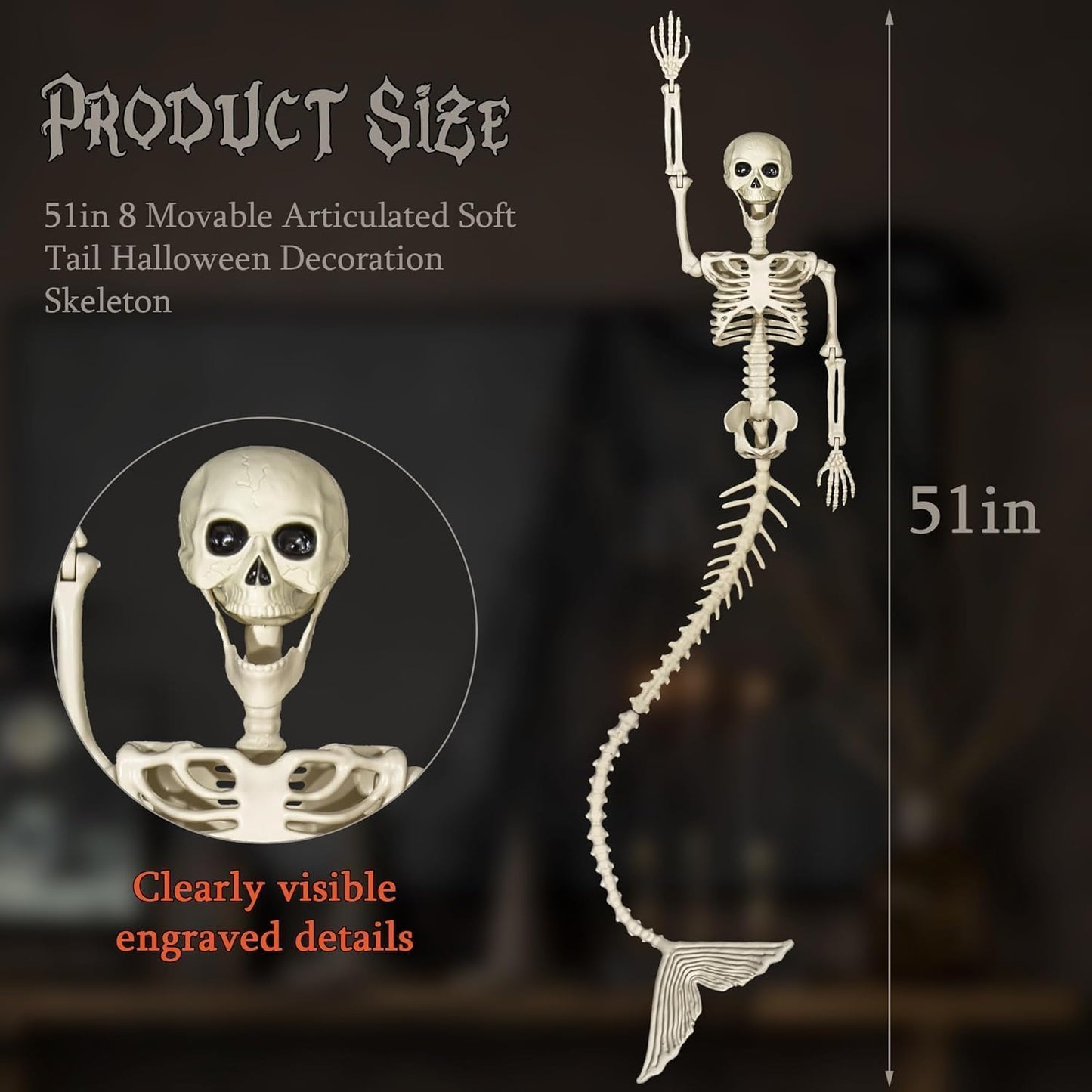 BEABOO 1 Pack 52 Inches Mermaid Halloween Skeleton Pose-N-Stay Posable Movable Joints Hanging for Halloween Decoration Decor Spooky Scene Party Favors