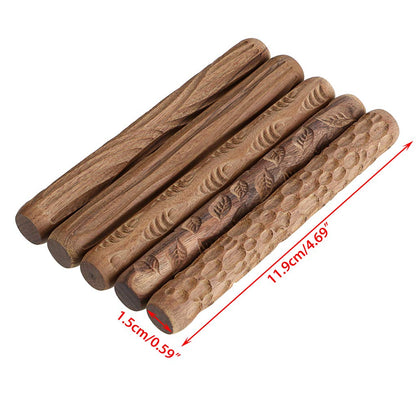 OwnMy Set of 5 Clay Modeling Pattern Rollers Kit, Fish Leaves Cobblestone Ripple Wood Grain Pattern 4.7 IN Clay Rolling Pin Textured Hand Roller Wooden Handle Pottery Tools Set