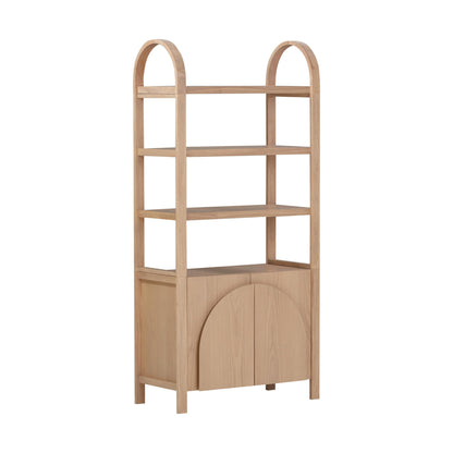 Nathan James Iris 3 Tier Bookshelf, Arched Bookcase Cabinet, Solid Wood Bookcase with Cabinet Base, Boho Bookshelf in Raw Oak Finish, Set of 2
