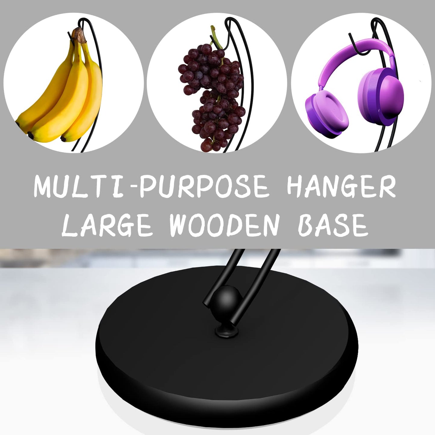 Signice Banana Holder Stand - Patented Modern Banana Tree Hanger with Wood Base Stainless Steel Banana Rack for Home Kitchen Use,Doesn't Tip Over (Full Black)