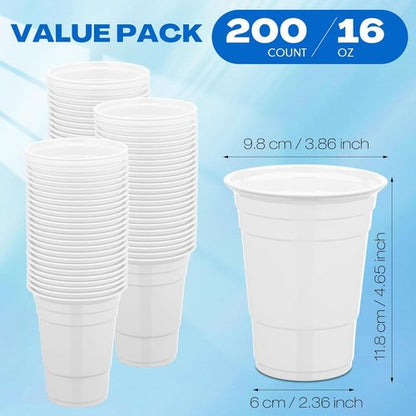 Bokon 16 oz Disposable White Plastic Cups - 200 Pack for Parties, Weddings & Picnics