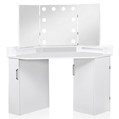 Furniture of America Sebastian Glam Solid Wood Vanity Set, Include Multiple Drawers Table and Mirror with 10 Bulbs for Bedroom, Dressing Room, Bathroom, Guest Room, White