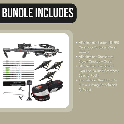 Killer Instinct Burner 415 FPS Crossbow Package (Gray Camo) with Crossbows Slayer Crossbow Case, 20-Inch Crossbow Bolts (6-Pack) and 100-Grain Hunting Broadheads (3-Pack) Bundle (4 Items)