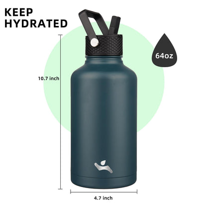Konokyo Half Gallon Insulated Water Bottle with Straw,64 oz 3 Lids Water Jug with Carrying Bag,Paracord Handle,Double Wall Vacuum Stainless Steel Metal Flask,Navy Blue