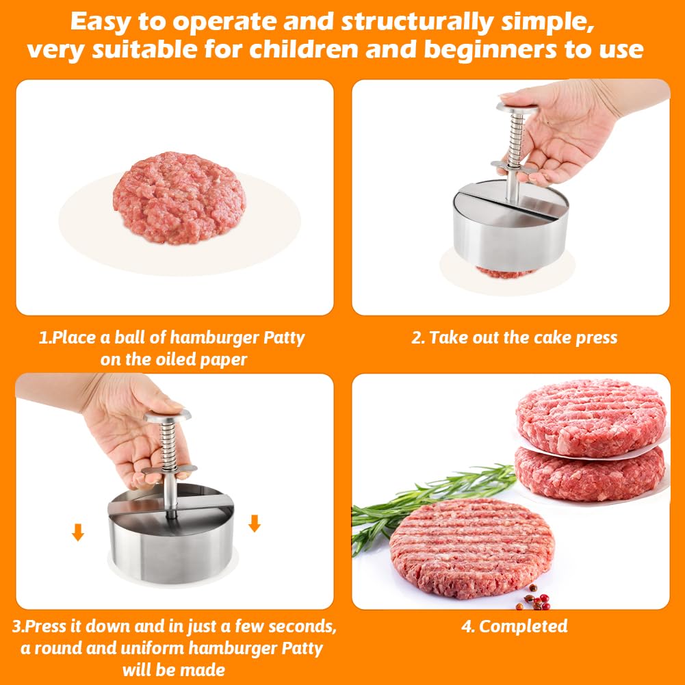 Waylenbo Burger Press 4.5 Inch, 304 Stainless Steel Hamburger Patty Maker with Spring Button & 50 Parchment Papers, Easy Release Non-Stick Mold for Ground Beef, BBQ, Dishwasher Safe