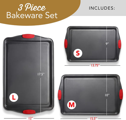 Skiennix 3-Piece Baking Sheet Set - Durable Nonstick Cookie Sheets with Silicone Handles | Black