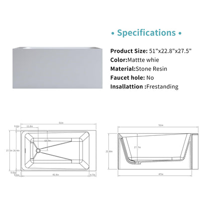 GDFStudio 51" Solid Surface Freestanding Bathtub, Matte White Resin Stone Soaking Tub with Overflow and Pop-Up Drain, Anti-Slip Stand Alone Deep Soaker Tub for Modern Bathroom Spa Relaxation