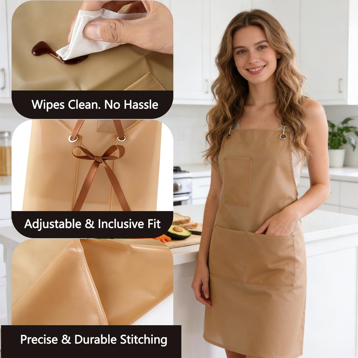 FunFlare 2 Pack Waterproof Translucent Apron with Large Pockets,Cross Back Apron Cooking Apron for Dishwashing, Cleaning Fish, Gardening, Lab Work, Butcher and Dog Grooming(White&Brown)