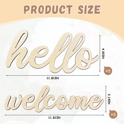 WOODOUNAI 10 Pcs Unfinished Wooden Hello & Welcome Sign Wooden Cutout Letter Hello Welcome Sign for Wreath DIY Art Blank Decorative Word Signs for Door Wall Christmas Trees Home Decor (Wood)