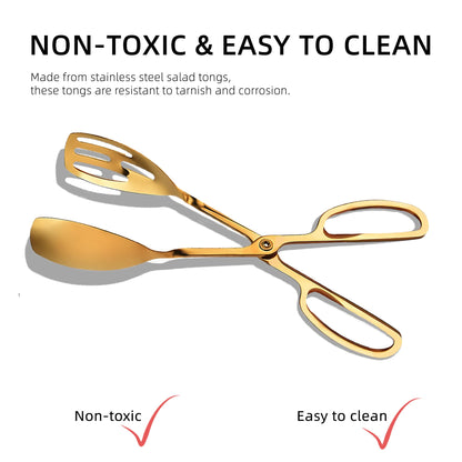 Salad Tongs for Serving 2 Pack - Premium Stainless Steel Scissor-Style, Non-Toxic, Heat-Resistant Salad Servers, Dishwasher Safe, Ideal for Buffet and Party Use (Gold)