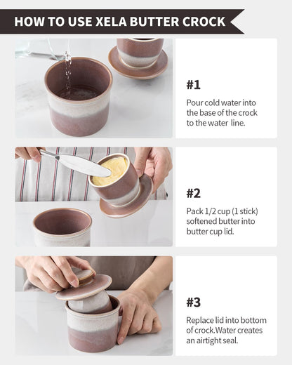 XELA Ceramic Butter Crock, The Original Reactive Two-Colour Glaze, Butter Dish With Water Line for Spreadable Fresh Butter - Ziying