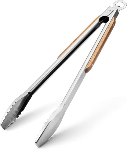 Wood-Handled Grill Tongs, 19.5"/50cm Extra Long BBQ Tongs, Heavy Duty Stainless Steel for Charcoal and Grilling.