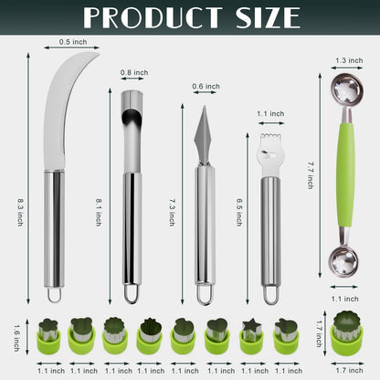 Krbnk 14PCS Fruit Carving Tools Set, Stainless Steel Melon Baller Scoop Set, Fruit Cutters Shapes, Cantaloupe Cutter Slicer Tool Piranha Spiral Cutter and V-Tool for Fruits Vegetable Sculpting