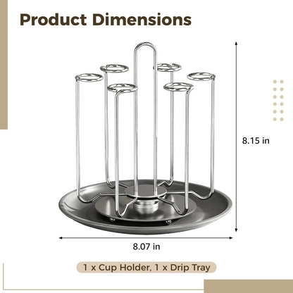Toyosport Stainless Steel 4 Cups Mug Drying Rack, Rotating Bottle Drying Holder, Countertop Cup Drying Rack with Drain Tray, Space Saving