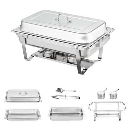 VEVOR Chafing Dish Buffet Set, 8 Qt 6 Pack, Stainless Chafer with 6 Full Size Pans, Rectangle Catering Warmer Server with Lid Water Pan Folding Stand Fuel Holder Tray Spoon Clip, at Least 8 People Eac