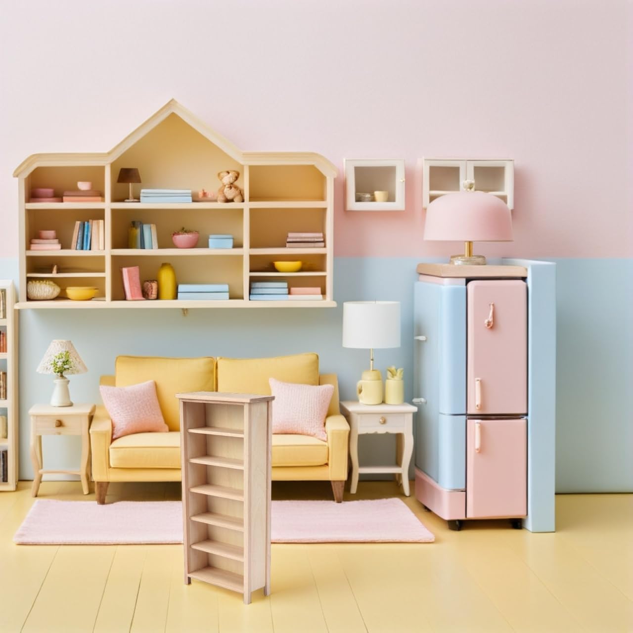 Angoily Mini Bookshelf, Dollhouse Bookcase, 1:12 Scale Doll House Furniture, Miniature Wooden Storage Cabinet Model, Unfinished Wood Library Shelving Scene, DIY Accessories for Room Display Collection