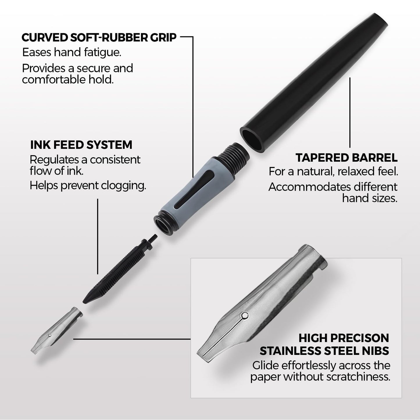 Zieler Calligraphy Pen Set - Complete 3 Pen 17-piece Calligraphy Writing Set - Free-Flowing Pens with Soft Rubber Finger Grip - Suitable for All Levels