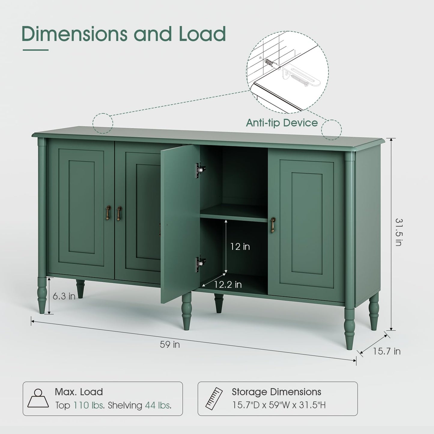 JOINICE 59" Sideboard Buffet Cabinet with Storage,Vintage Credenza with Adjustable Shelves & Solid Wood Legs,Accent Cabinet for Living Room,Dining Room,Kitchen,Bar,Entryway,Hallway,TV Console,Green