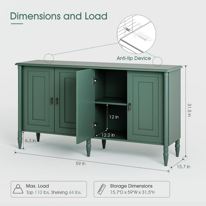 JOINICE 59" Sideboard Buffet Cabinet with Storage,Vintage Credenza with Adjustable Shelves & Solid Wood Legs,Accent Cabinet for Living Room,Dining Room,Kitchen,Bar,Entryway,Hallway,TV Console,Green