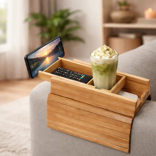 Bamboo Sofa Armrest Tray with Detachable Couch Cup Holder, 2-in-1 Foldable Anti-Slip Couch Arm Tray, Sofa Arm Organizer for Drinks, Remotes, Phone, and Snacks, Portable Armrest Caddy Table.
